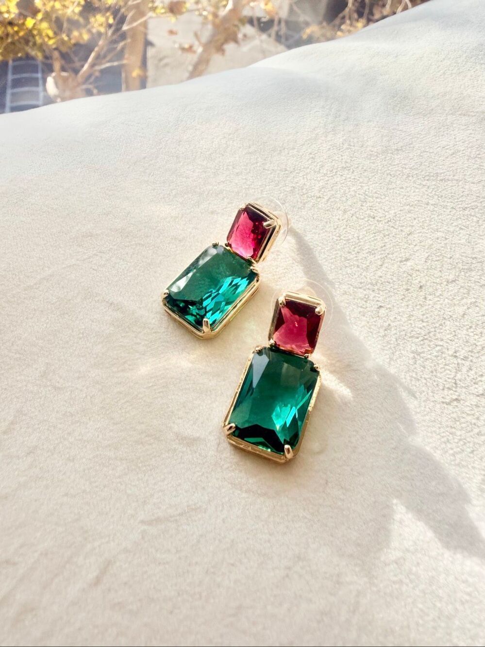 Emerald Green Ruby Pink Crystal Drop Earrings Gold Tone Statement